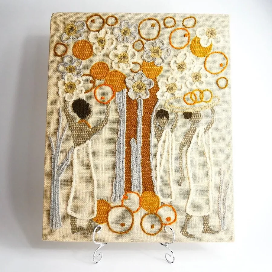 1970s embroidered wall decor - handmade tribal woman collecting fruit - large