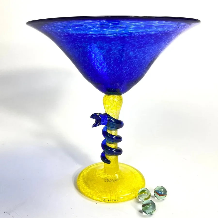 Art Glass Goblet – Blue & Yellow Snake Stem, Signed Swedish GlassCollectible Glass All Things Retro Store