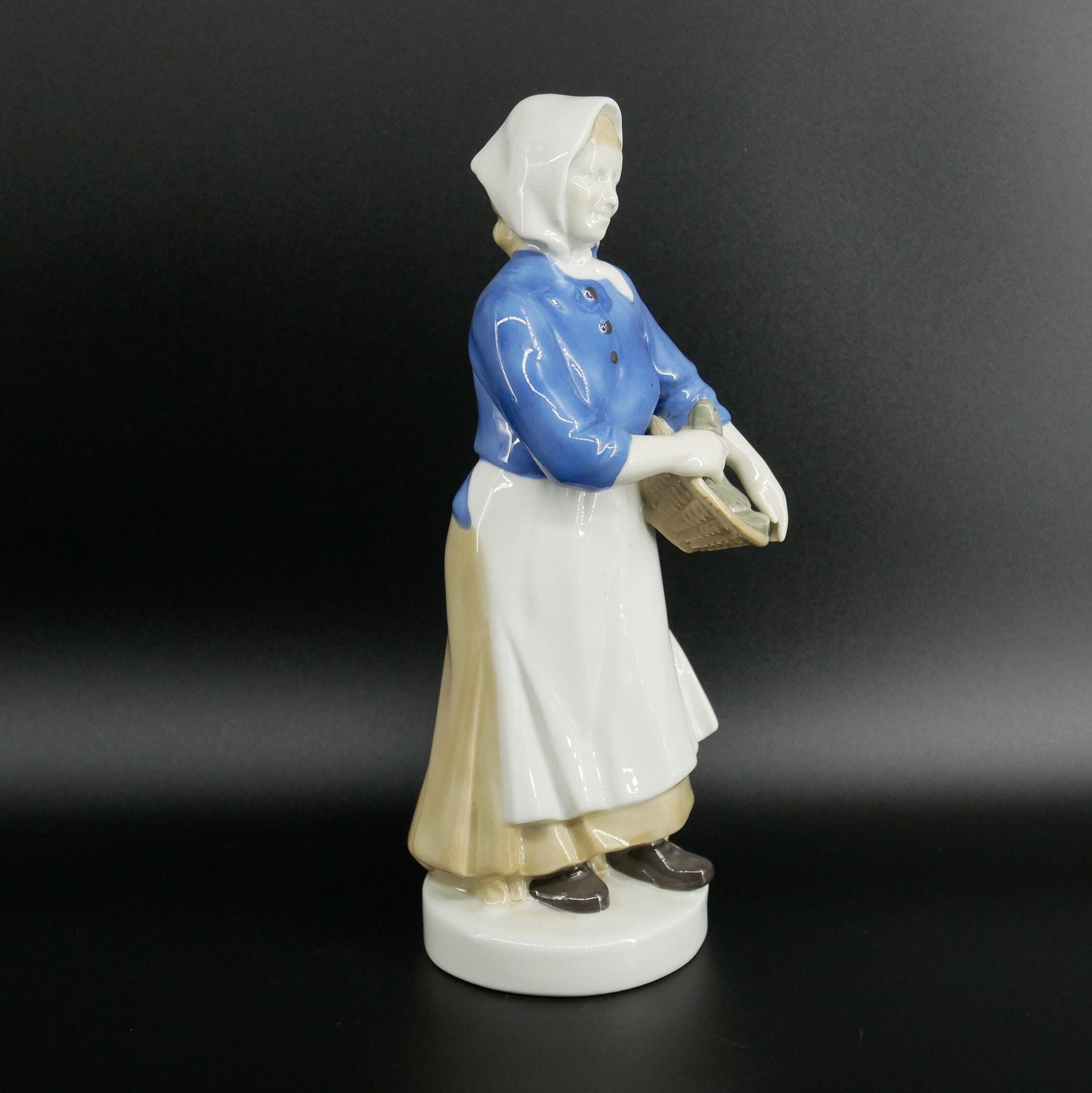 Back angle view of Carl Scheidig porcelain figurine showing basket detail and flowing skirt silhouette