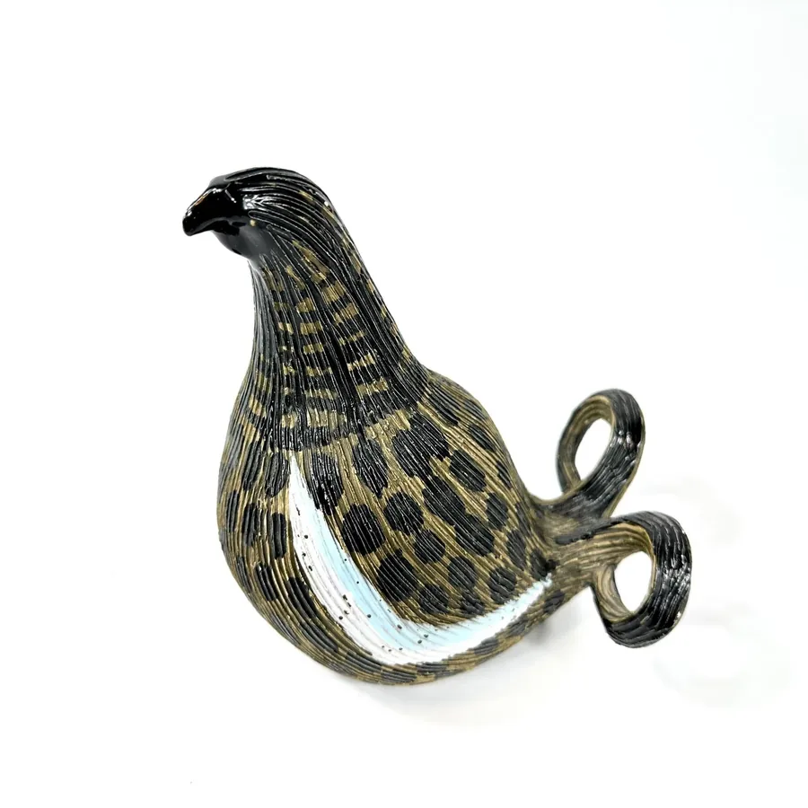 Black grouse ceramic sculpture by Olle Alberius for Syco Sweden, featuring hand-carved feather detail and brass wire legs, 19