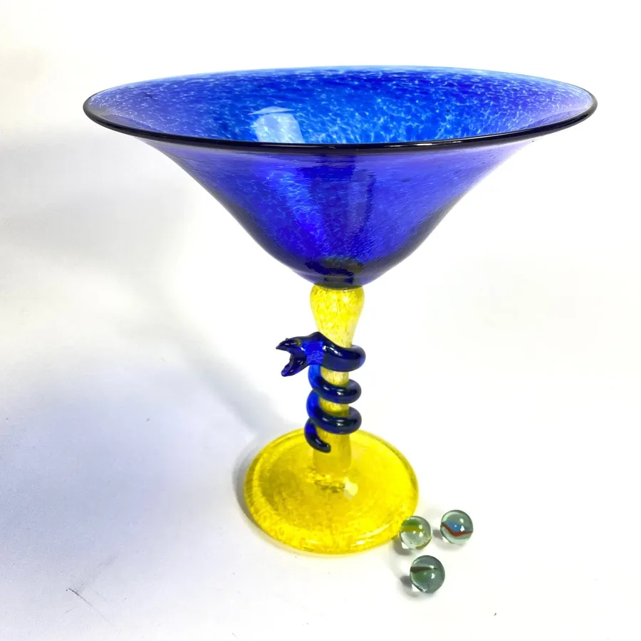Collectible GlassArt Glass Goblet – Blue & Yellow Snake Stem, Signed Swedish Glass Image 2