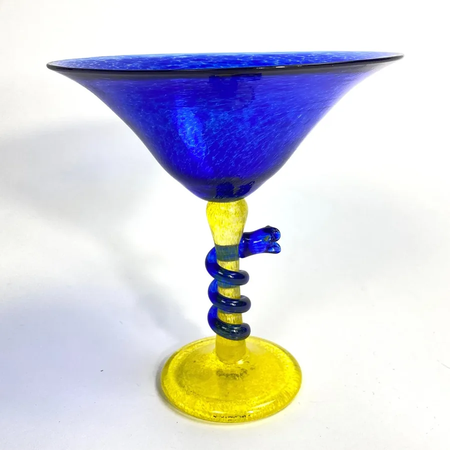 Collectible GlassArt Glass Goblet – Blue & Yellow Snake Stem, Signed Swedish Glass Image 3
