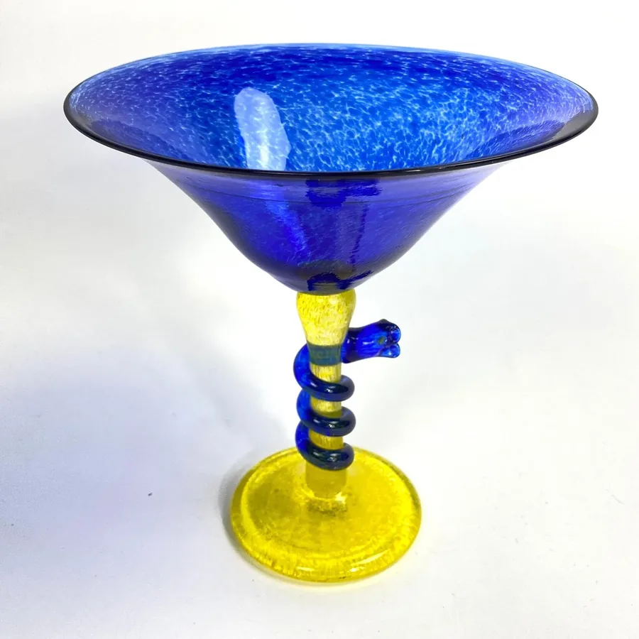 Collectible GlassArt Glass Goblet – Blue & Yellow Snake Stem, Signed Swedish Glass Image 4