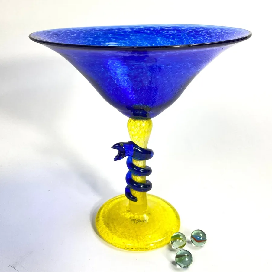 Collectible GlassArt Glass Goblet – Blue & Yellow Snake Stem, Signed Swedish Glass Image 5
