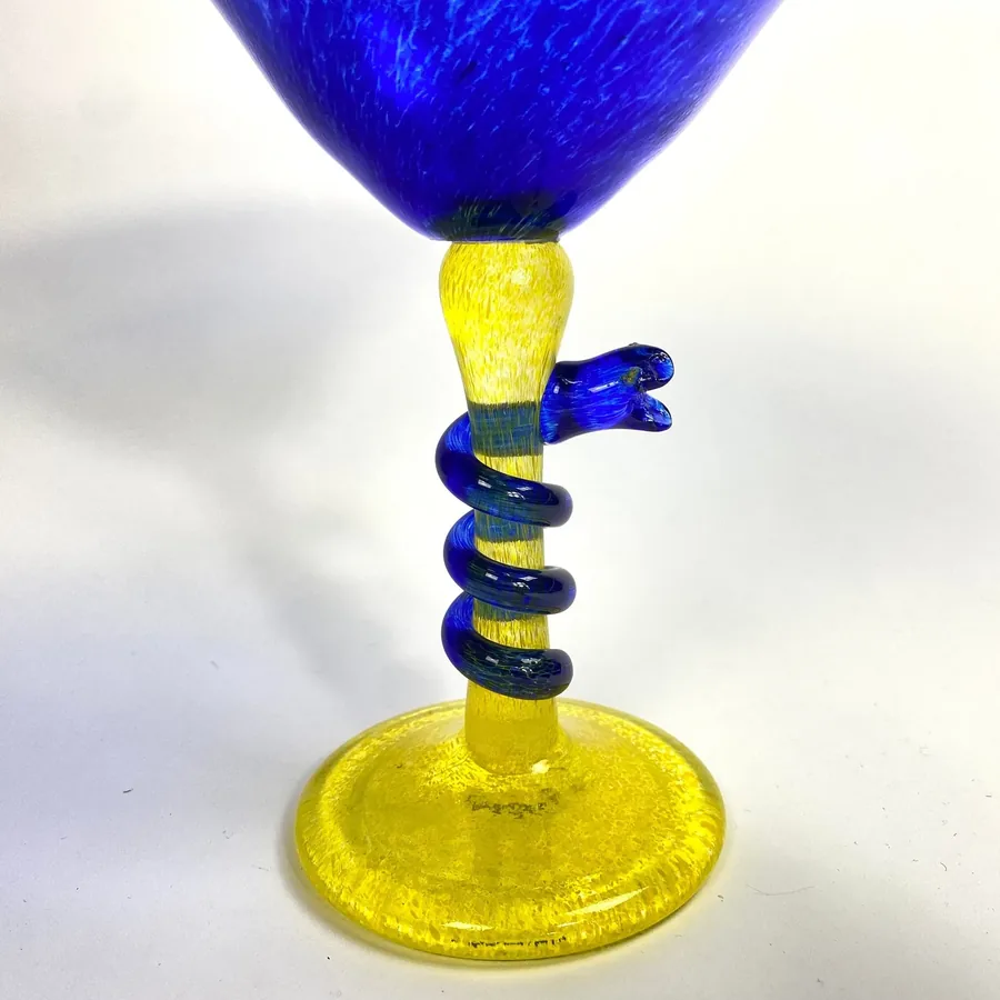 Collectible GlassArt Glass Goblet – Blue & Yellow Snake Stem, Signed Swedish Glass Image 6