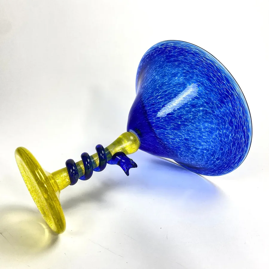 Collectible GlassArt Glass Goblet – Blue & Yellow Snake Stem, Signed Swedish Glass Image 9