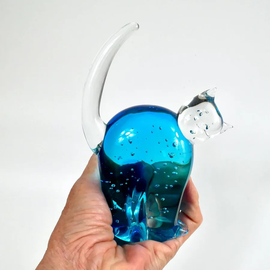 Collectible GlassScandinavian Blue Glass Cat Sculpure – Vintage Hand-Blown, 1970s Image 10
