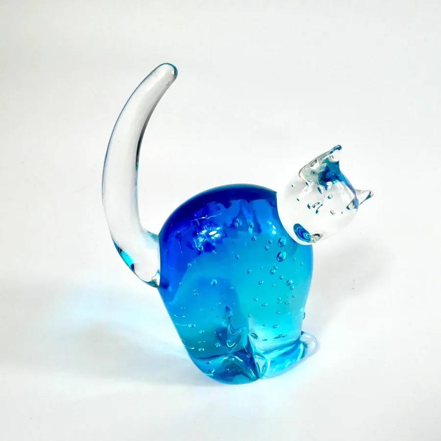 Collectible GlassScandinavian Blue Glass Cat Sculpure – Vintage Hand-Blown, 1970s Image 3