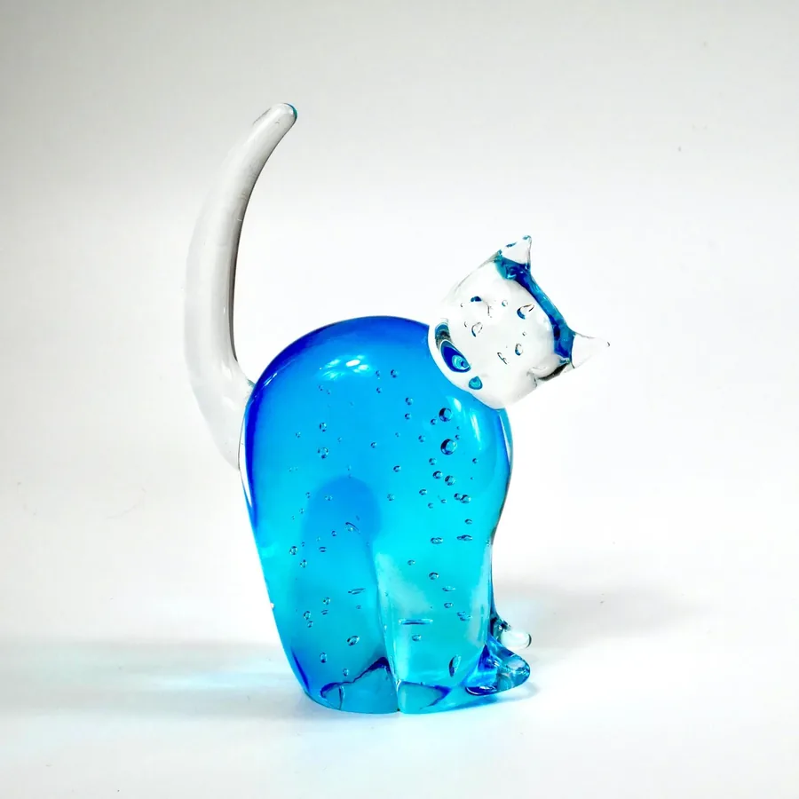 Collectible GlassScandinavian Blue Glass Cat Sculpure – Vintage Hand-Blown, 1970s Image 9