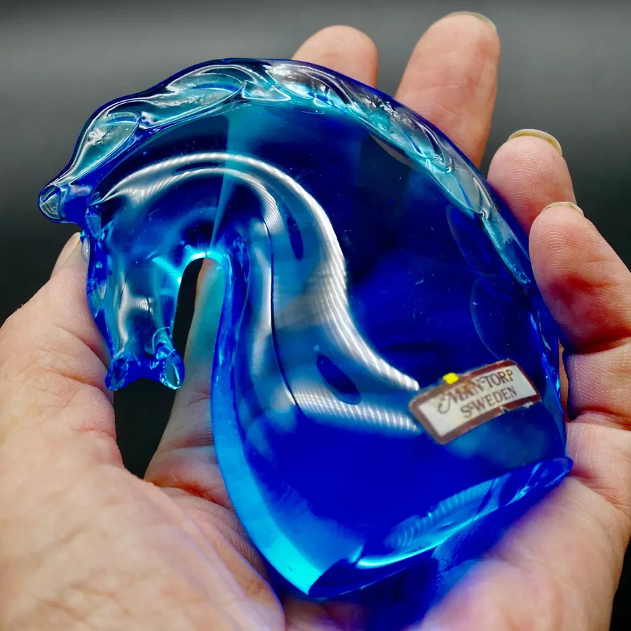 Collectible GlassVintage Blue Glass Horse Figurine paperweight from Sweden with original label Image 2