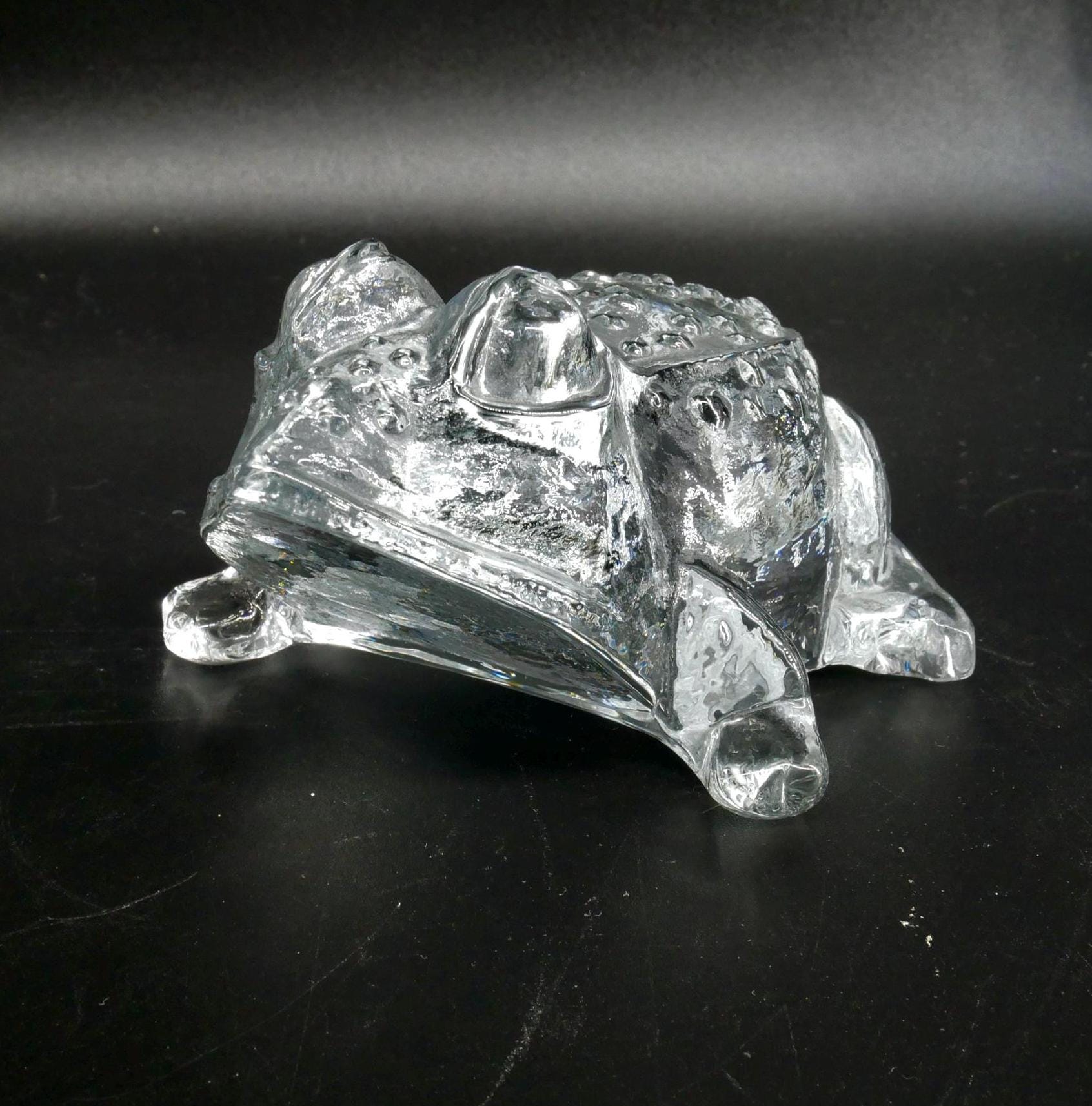 Crystal frog viewed from back angle, displaying rounded rear form and textured surface patterning