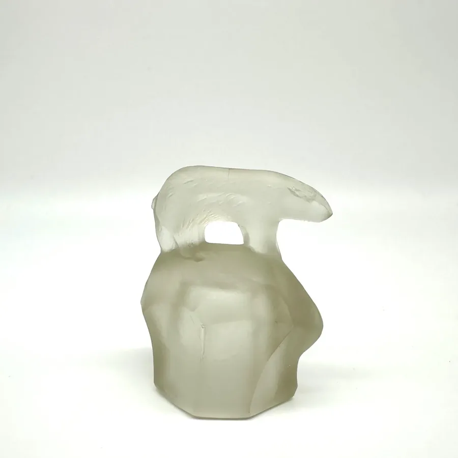 Full profile view of TeZHe polar bear perfume bottle showing proportions of frosted glass body and bear-topped stopper togeth