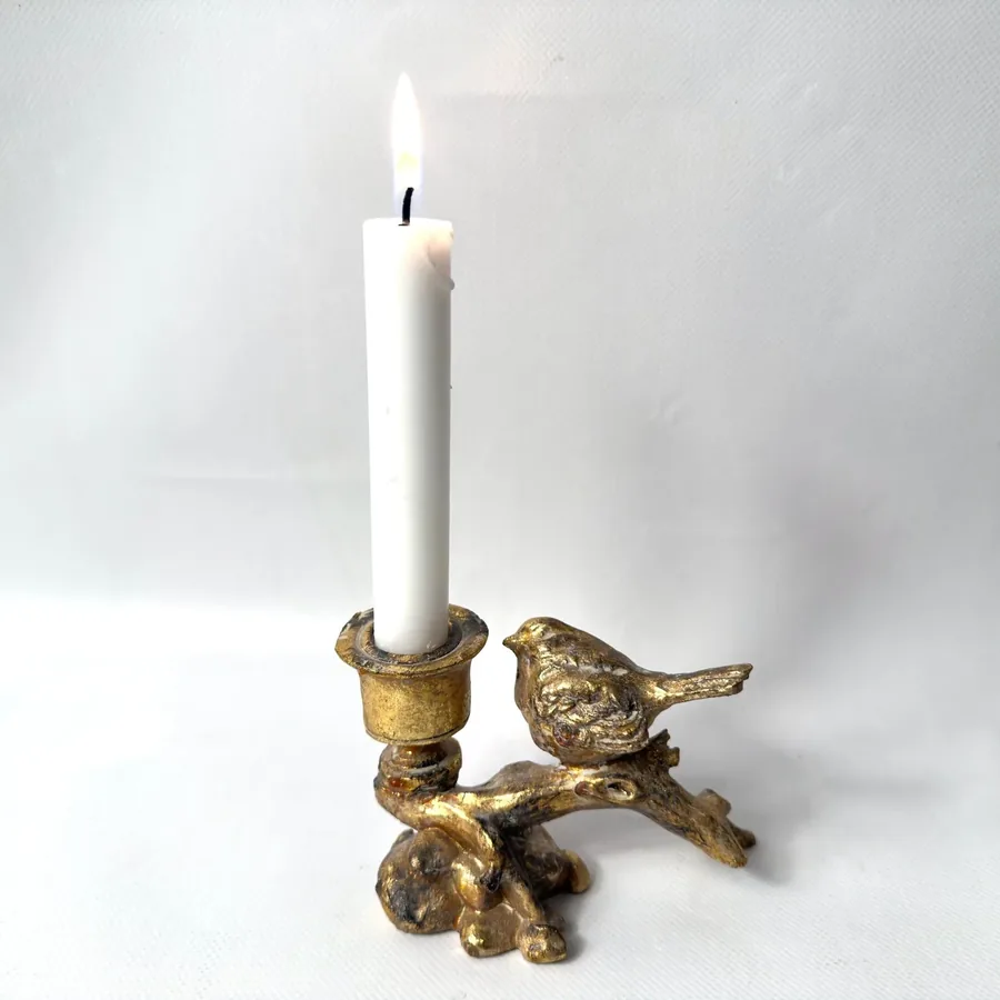 Gold vintage bird candle holder, 13cm resin figurine perched on sculptural branch, front view