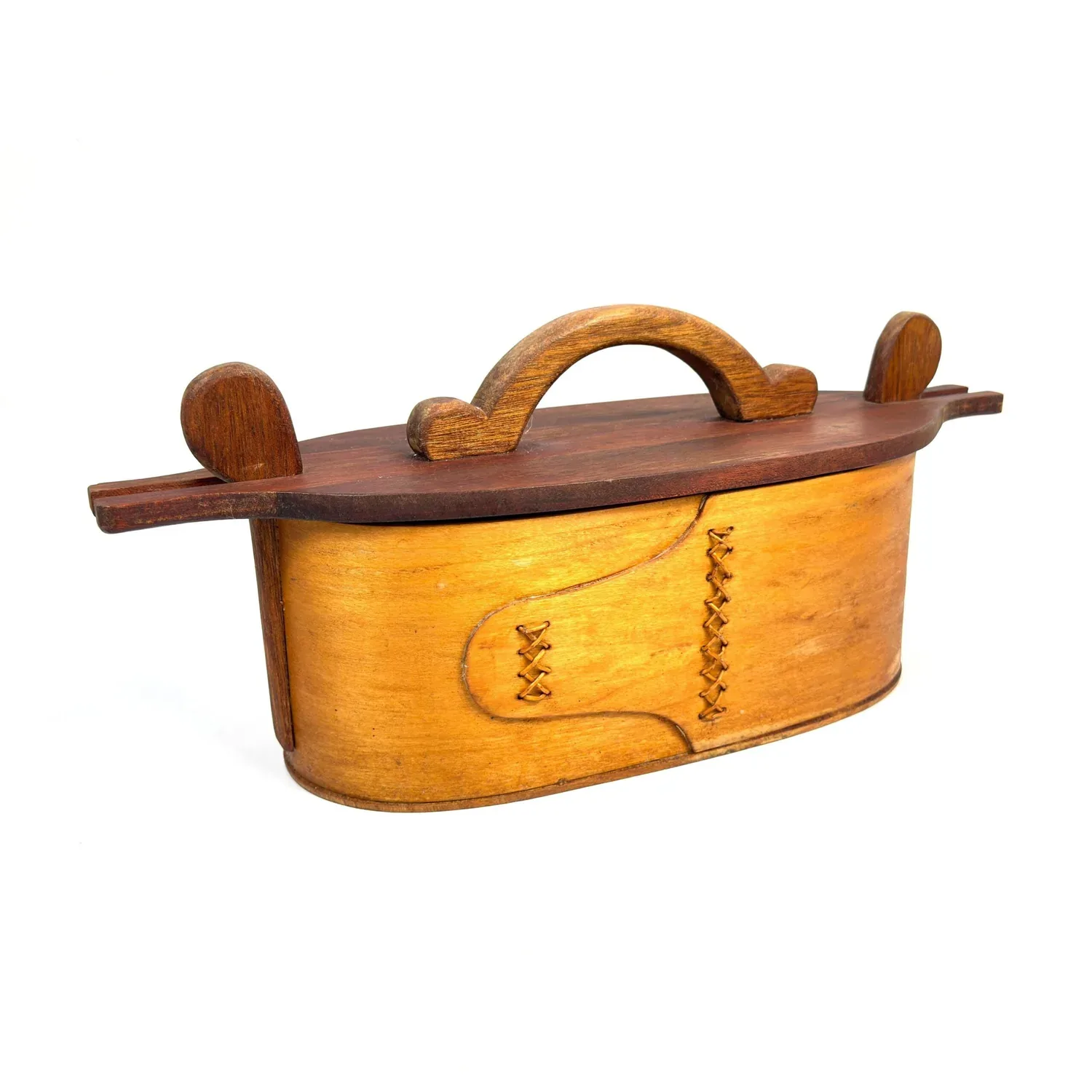 Golden bentwood storage box with dark wood lid and carved handles, signed 1998, traditional folk craft construction