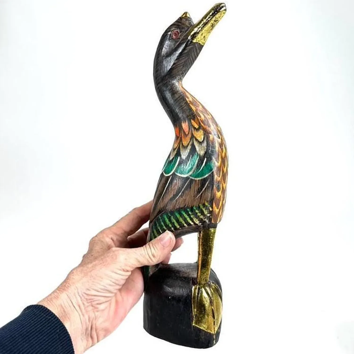 Hand-carved wooden duck figurine, 34cm tall, with hand-painted details and gold accents, vintage retro design
