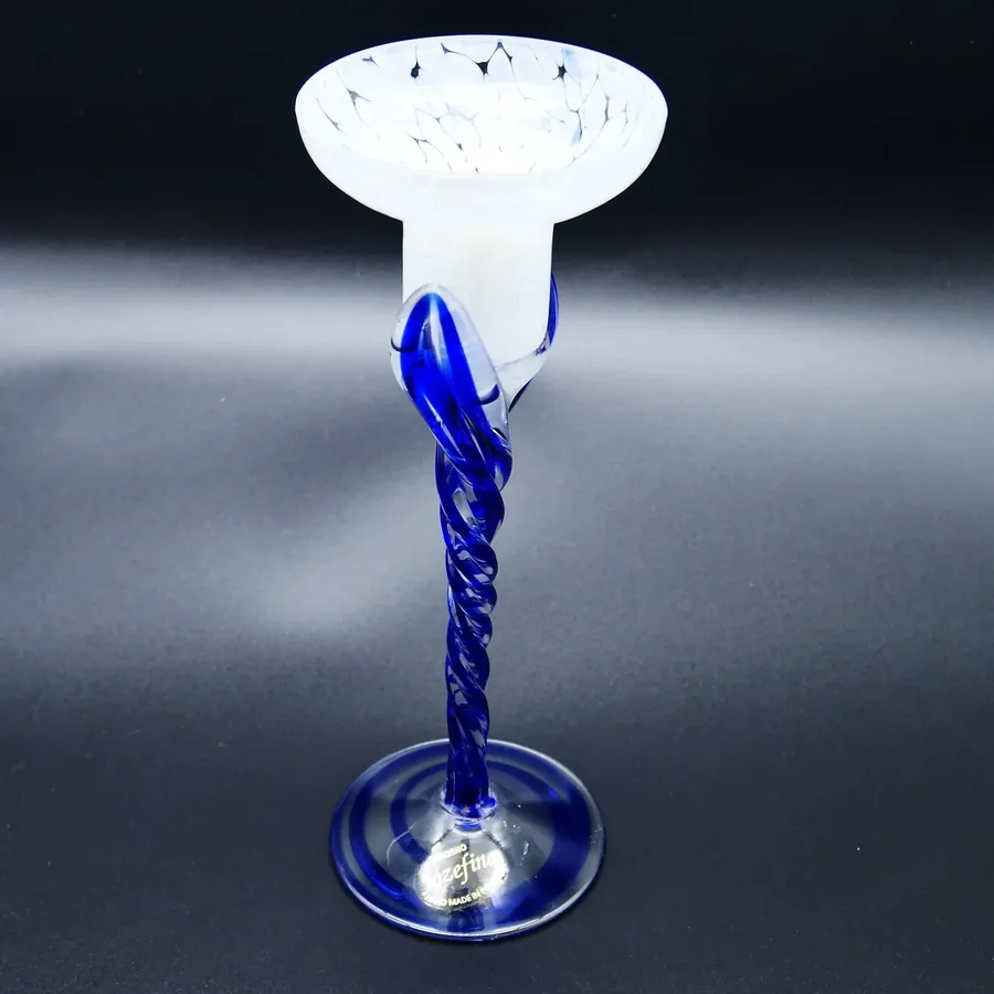 Jozefina Czech art glass candle holder with cobalt blue twisted stem and white frosted cup, full front view