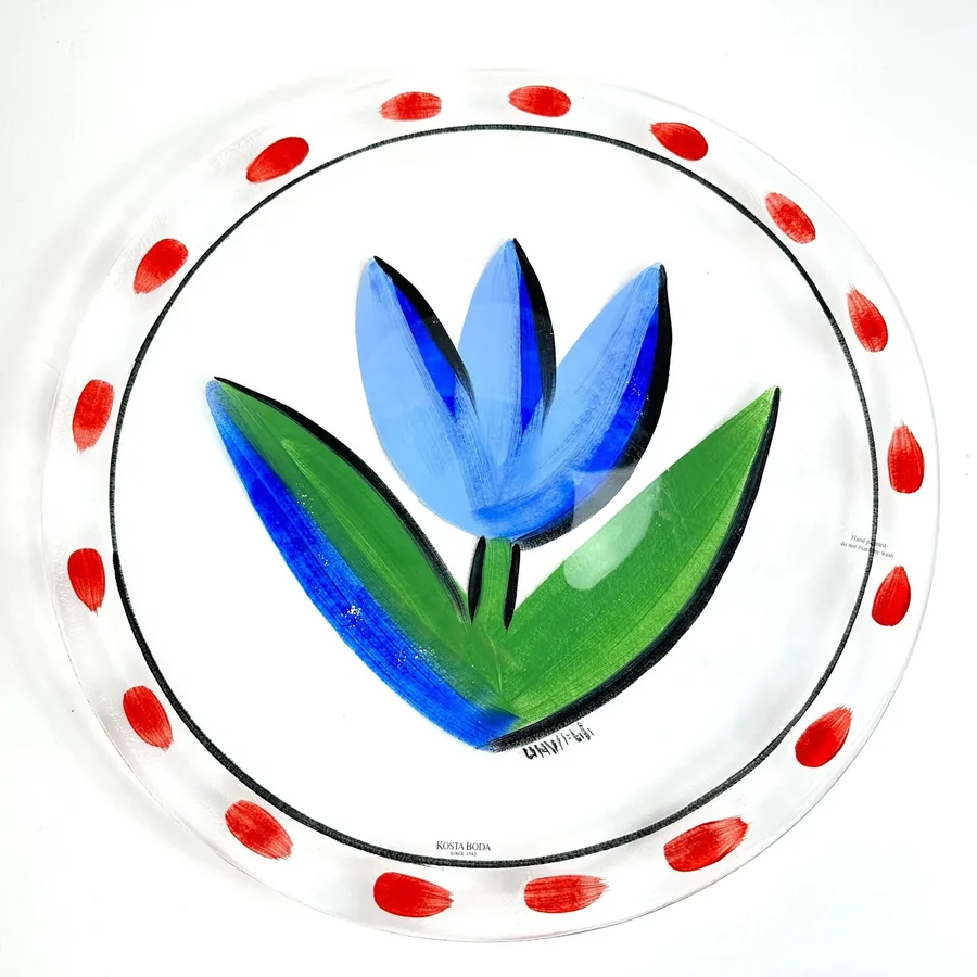 Kosta Boda Art Glass Charger Plate, Blue Tulip by Ulrica Hydman-Vallien (33cm)Collectible Glass All Things Retro Store