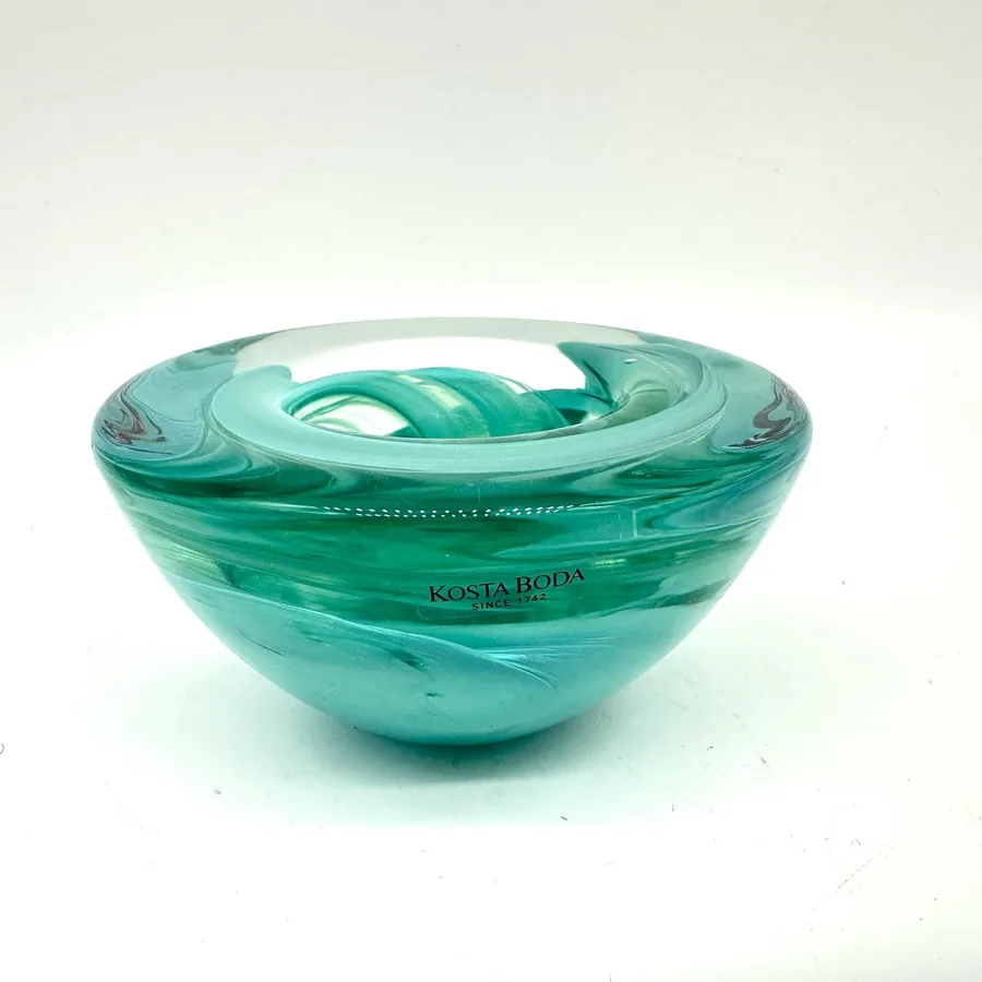 Kosta Boda 'Atoll' Glass Bowl Candleholder - Ink Art Turquoise Swirl Design