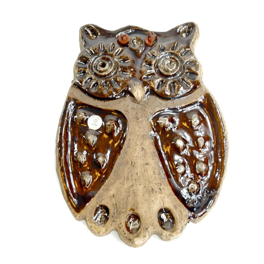 Laholm ceramic owl complete three-quarter angle showing full sculptural form, brown glaze depth, mounting preparation ready