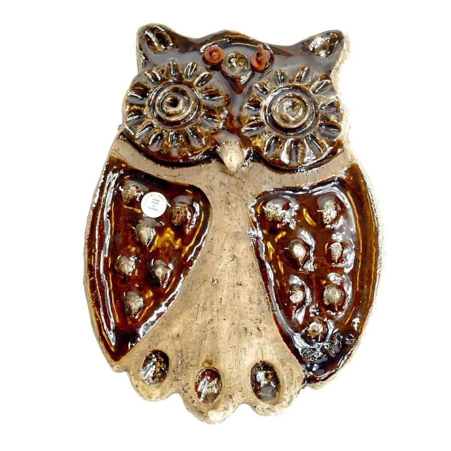 Laholm ceramic owl wall plaque, 1960s Swedish pottery with molded wings, brown glaze, cream body, front view
