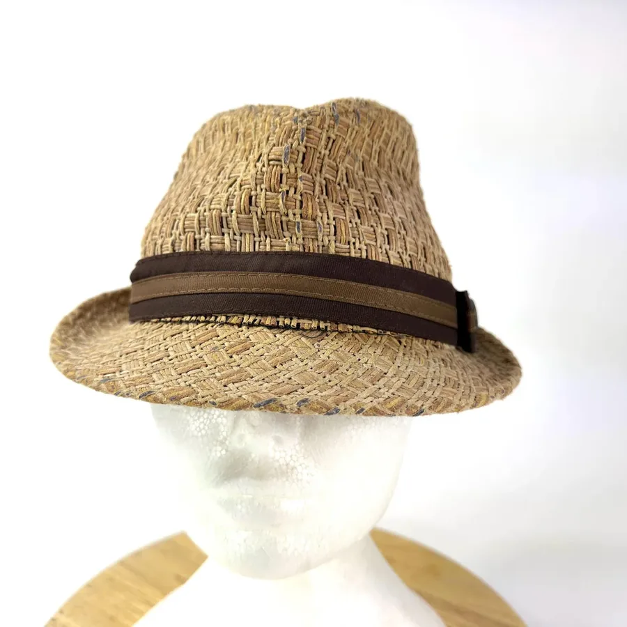 New World Fashion woven straw fedora in natural tan with chocolate grosgrain ribbon band, front-facing view