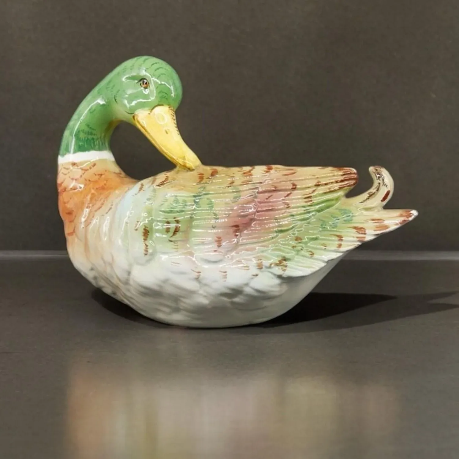Shafford Italy hand-painted ceramic mallard duck figurine with vibrant green head, orange breast, and detailed wing feathers
