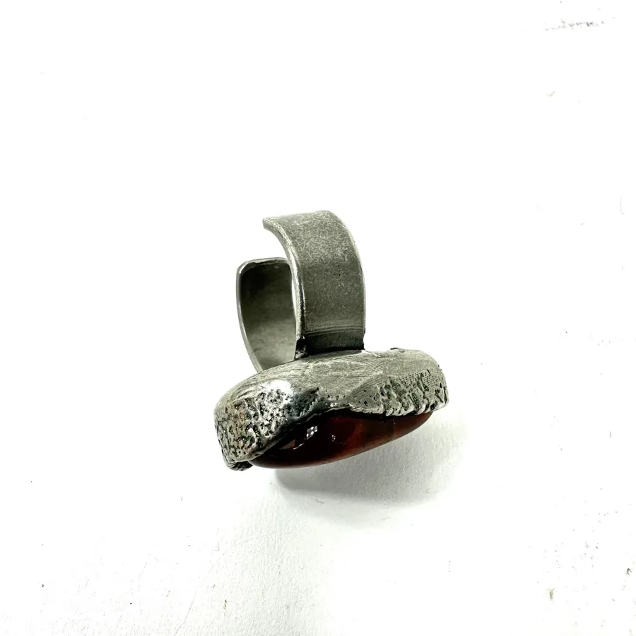 Silver band and setting structure, adjustable design showing brutalist metalwork and vintage construction