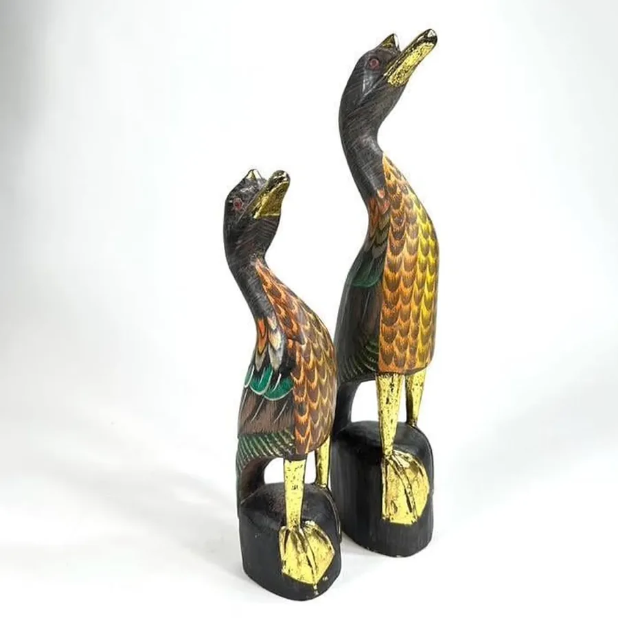 Studio lighting view of entire wood duck figurine showing hand-painted colors, gold accents, and 34cm vintage craftsmanship