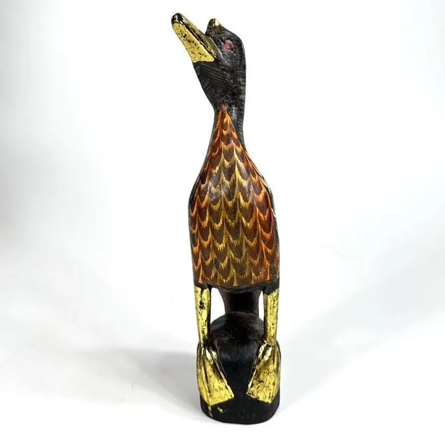 Top-down view of wooden duck figurine showing overall 34cm scale and complete hand-painted surface finish