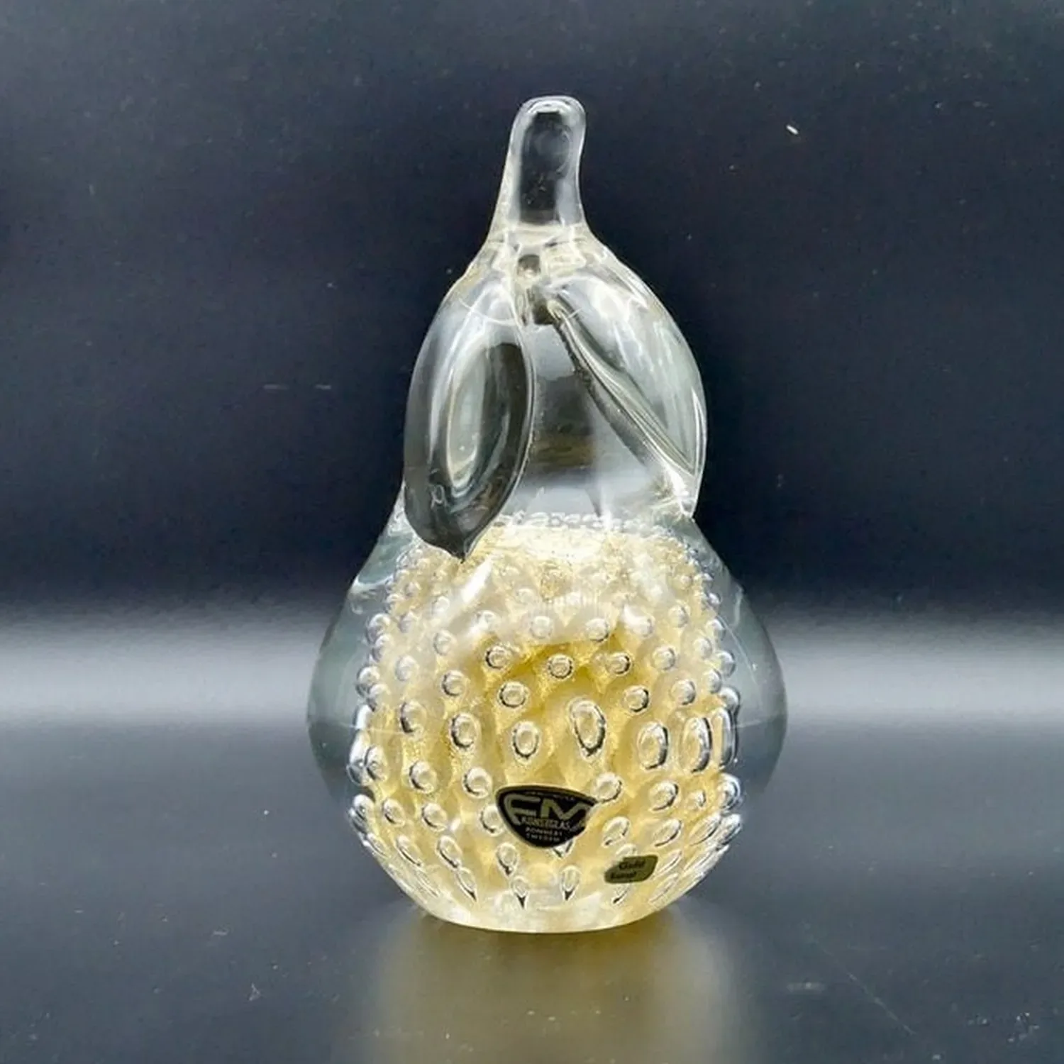 Vintage 14k Gold Crystal Pear Paperweight – FM Ronneby Sweden, Bullicante Art Glass