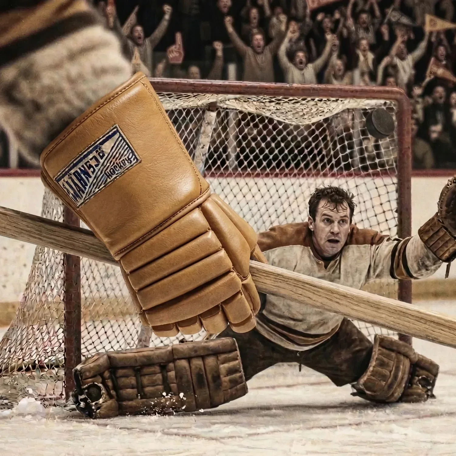 Vintage 1960s Tärnsjö leather hockey gloves in golden tan with blue woven label, displayed in classic game action scene with