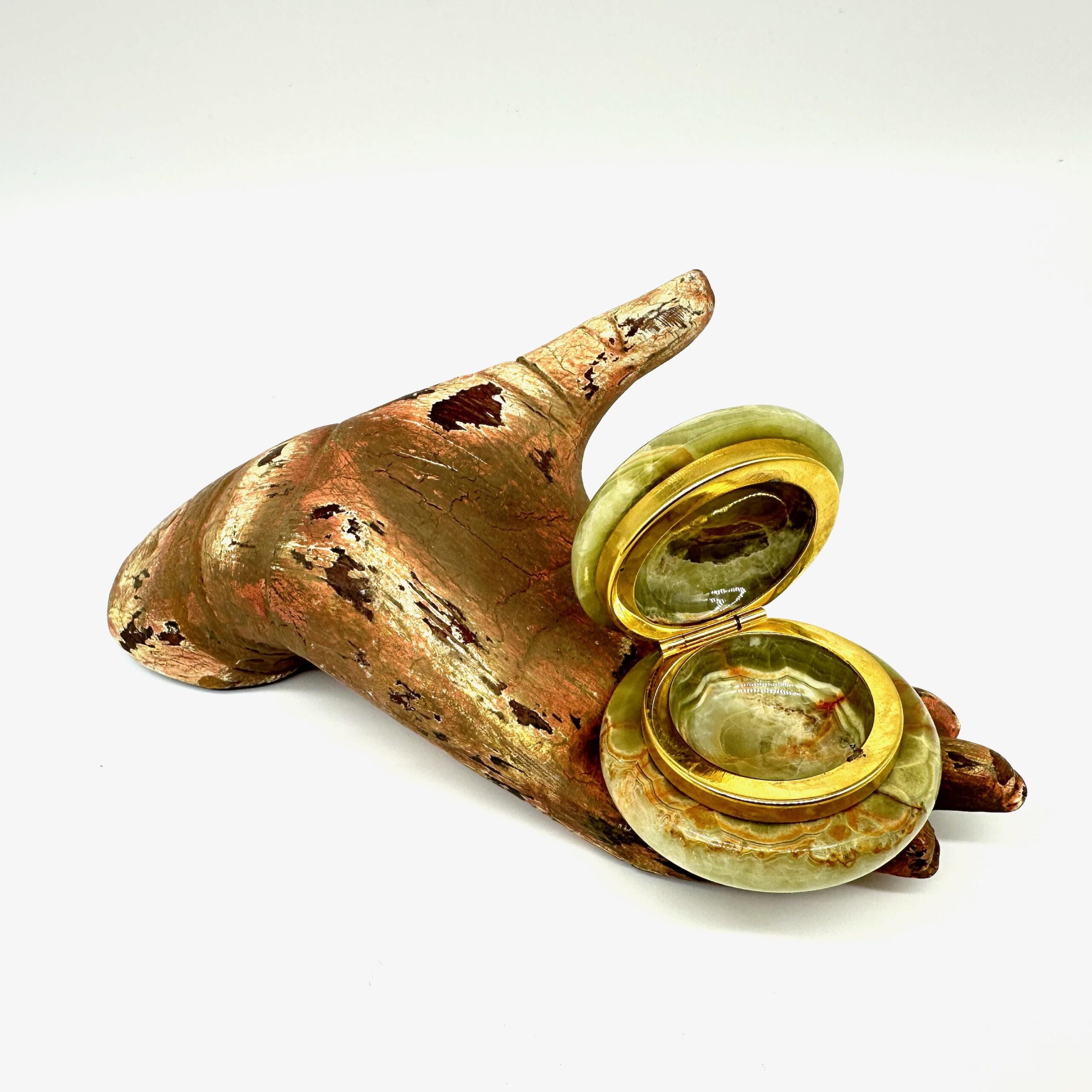 Vintage 1970s green alabaster trinket box with brass trim, shown with hinged lid open revealing interior compartments
