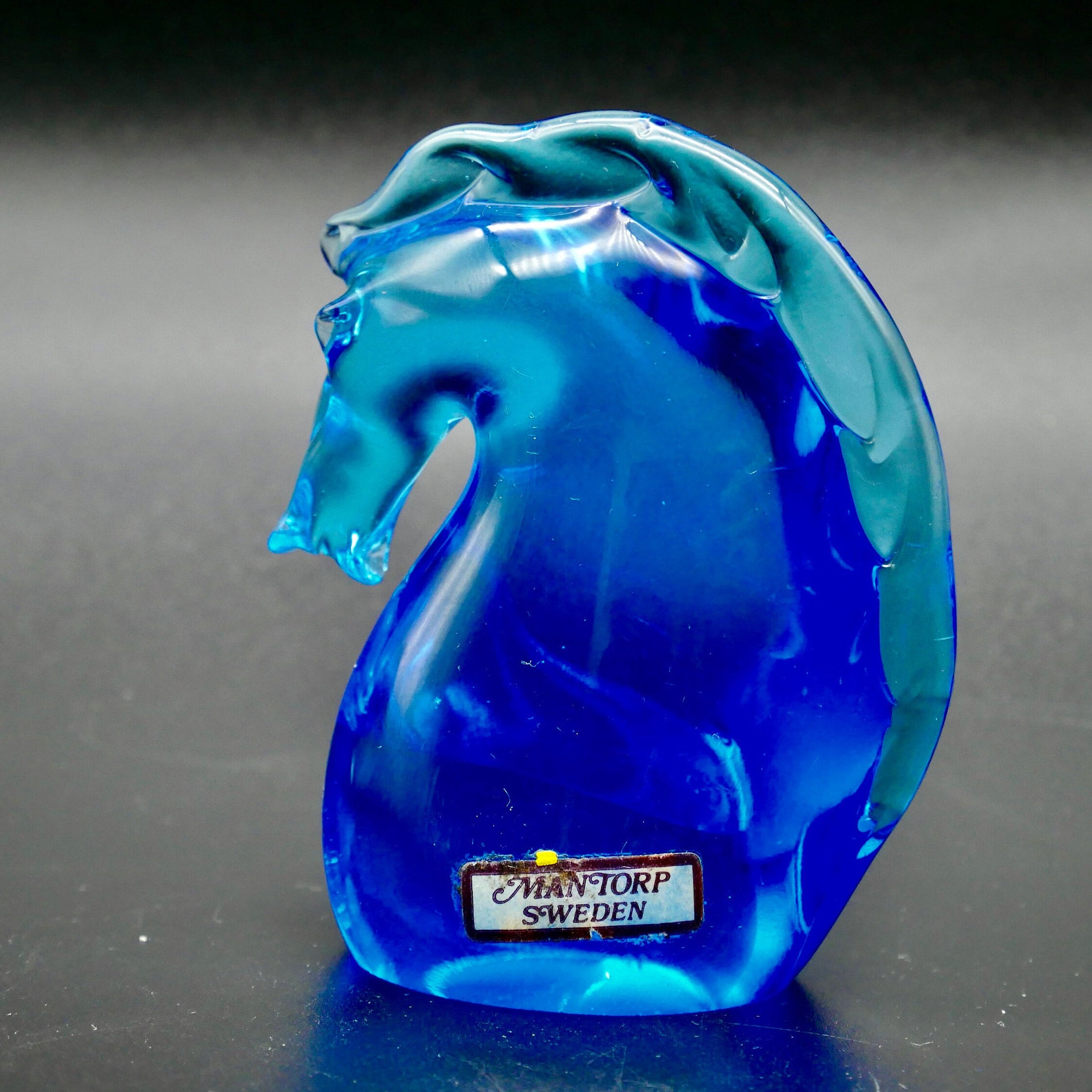 Vintage Blue Glass Horse Figurine paperweight from Sweden with original labelScandinavian Art Glass All Things Retro Store