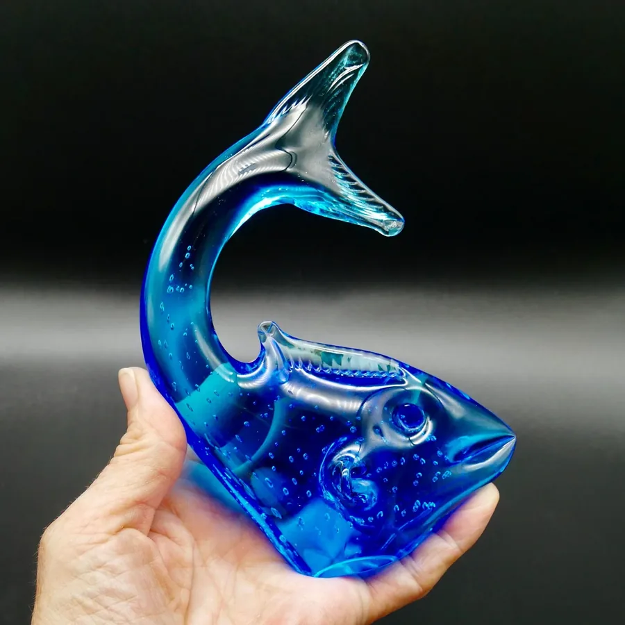Vintage Blue Swedish Art Glass Bullicante Fish Paperweight - Hand Blown Sculpture 1960sCollectible Glass All Things Retro