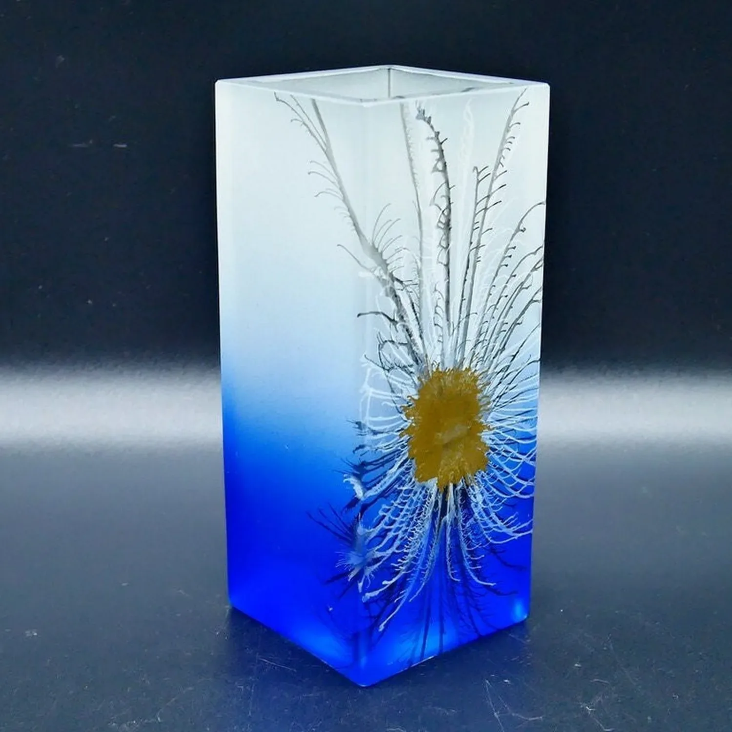 Vintage Bohemian Royal Blue & White Herner Glass Peacock Feather Vase