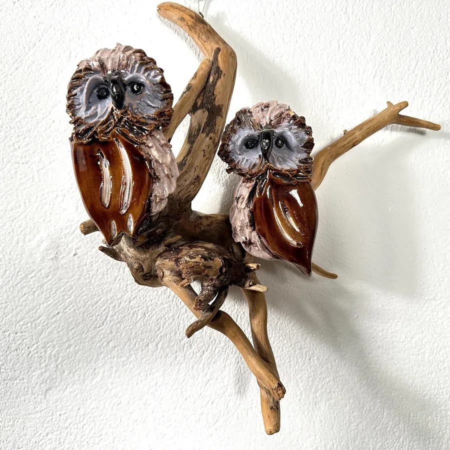 Vintage ceramic owl pair on driftwood branch wall hanging, mid-century studio pottery with hand-painted details