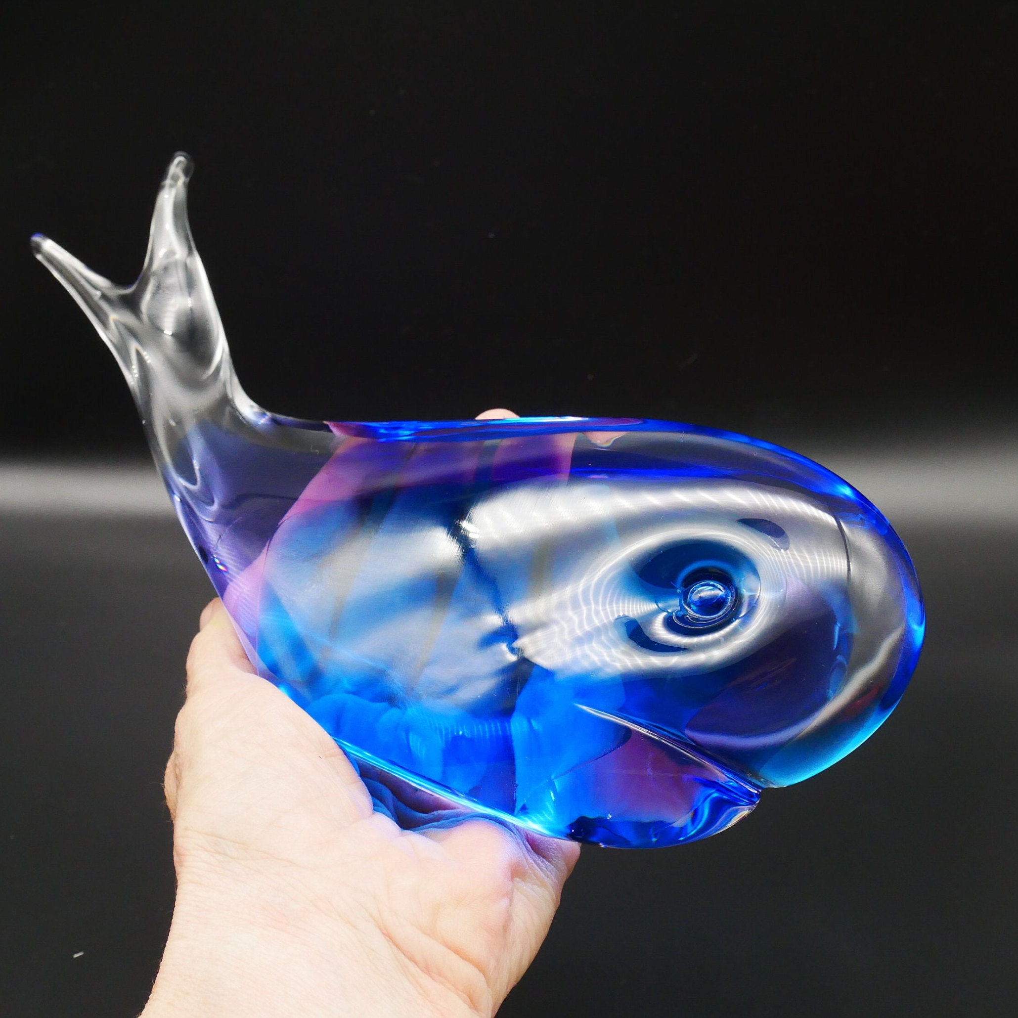 Vintage glass fish Figurine Blue and Purple Sommerso Whale Paperweight