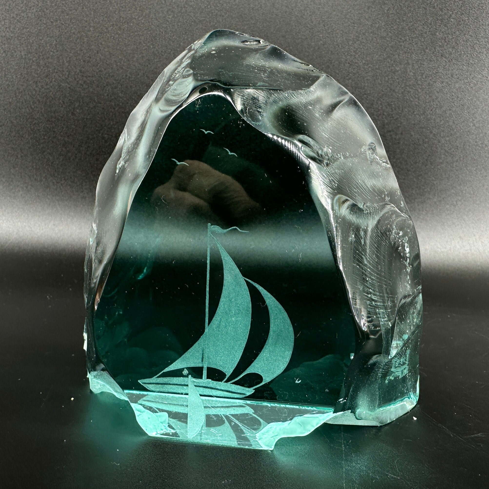 Vintage Mantorp Glass Ice Block Paperweight – Etched Sailing Ship