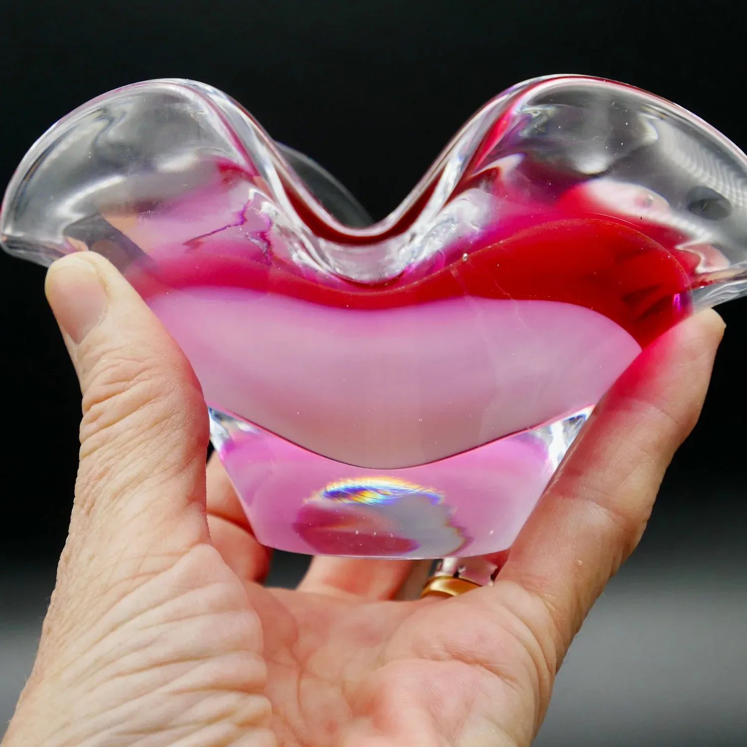 Vintage Pink Coquille Flygsfors Glass Vase by Paul Kedelv - Sommerso Trinket BowlCollectible Glass All Things Retro Store