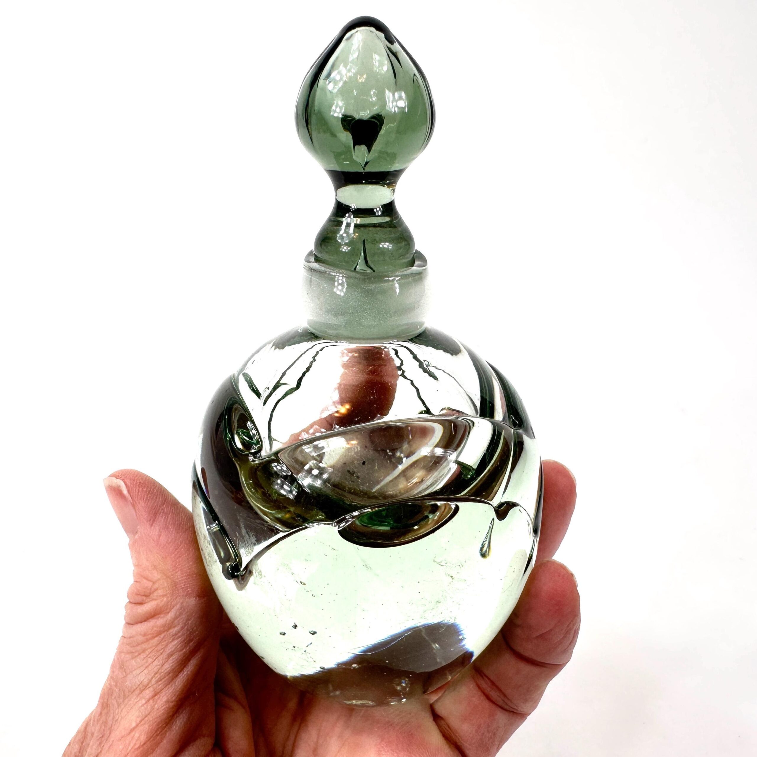Vintage studio glass perfume bottle full-length display showing sculptural silhouette
