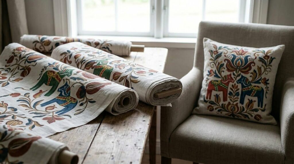 Swedish folk art textile with traditional Dala horse pattern beside matching cushion