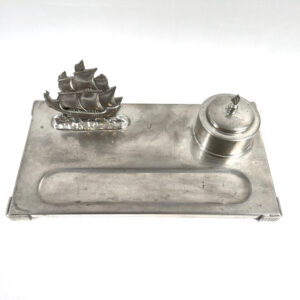 Vintage Art Deco pewter desk set with detailed sailing ship and cylindrical inkwell on rectangular tray, c.1930s