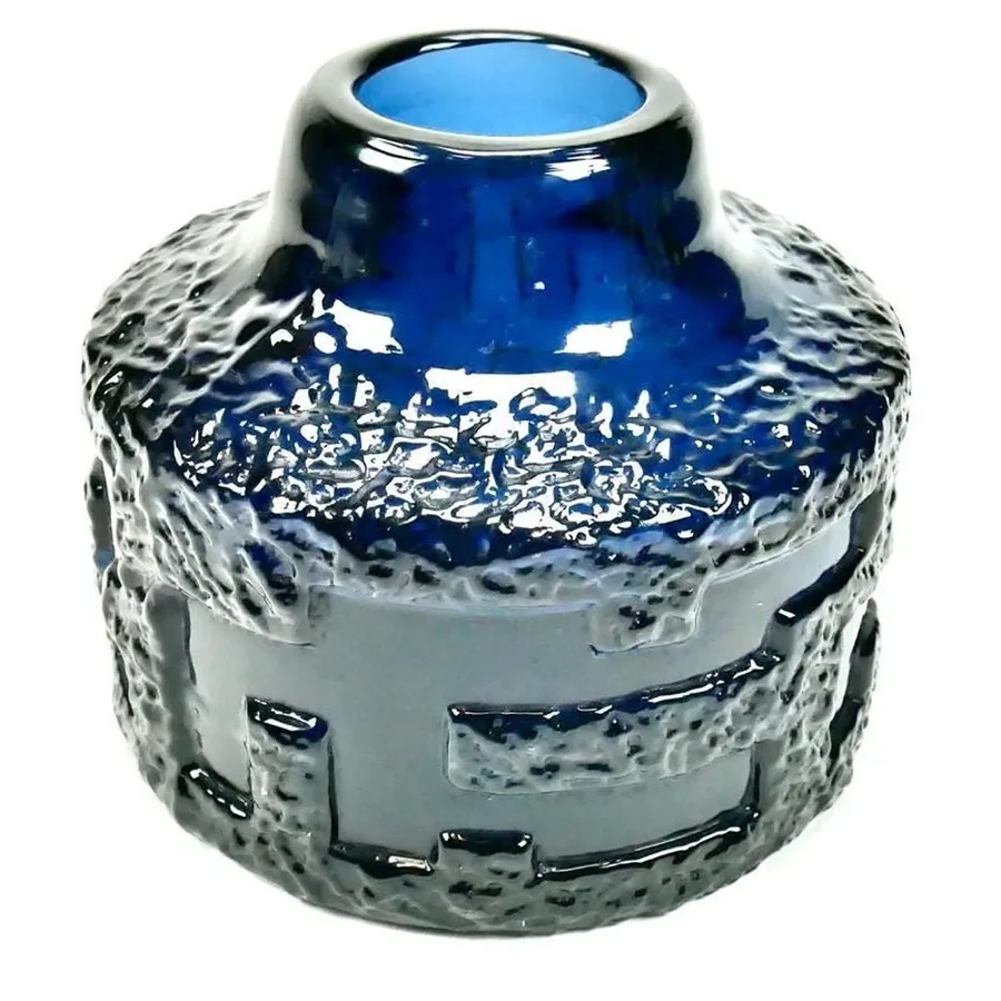 1960s cobalt blue art glass vase by Göte Augustsson, Brutalist design with textured relief surface and glossy dome top