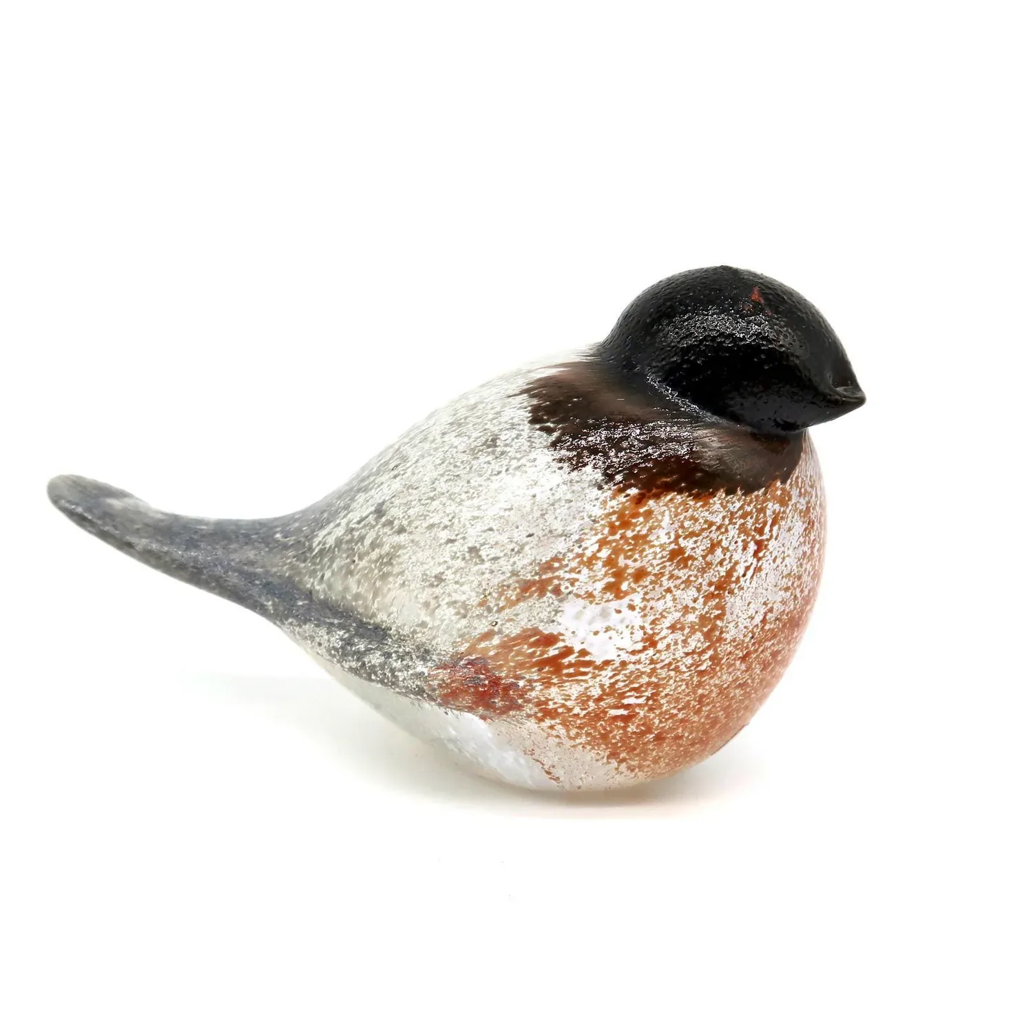 1980s Finnish art glass bullfinch with black cap, rust-orange breast, and smoky gray wings in profile