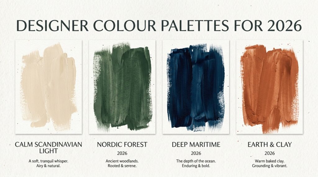 Four designer colour palettes for 2026 showing calm Scandinavian light, Nordic forest greens, deep maritime blues, and earthy