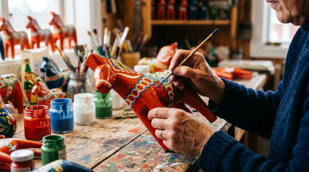Craftsperson hand-painting a traditional Swedish Dala horse in artisan workshop