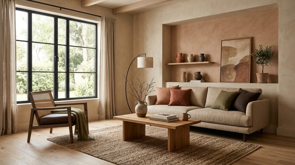 Serene living room with soft neutral palette, curved furnishings, wooden side table, and abundant soft natural light