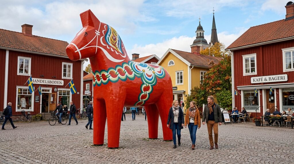 Giant red Dala horse statue in Swedish town square surrounded by traditional buildings