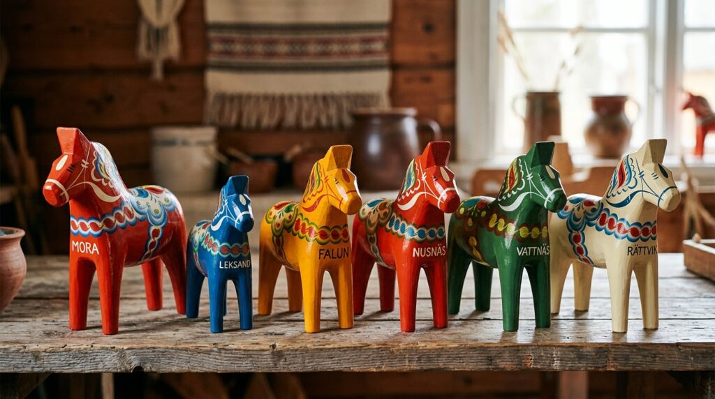 Colorful Swedish Dala horses labeled with towns including Mora, Leksand, and Rättvik