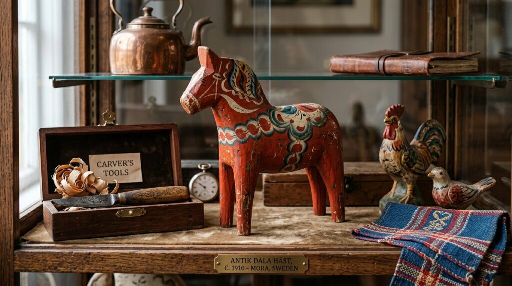 Hand-carved antique Dala horse displayed with traditional Swedish crafts and tools